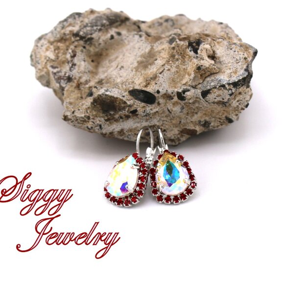 Crystal AB Pear Teardrop Earrings with Siam Red Halo and Rhodium Finish - Picture 4 of 6